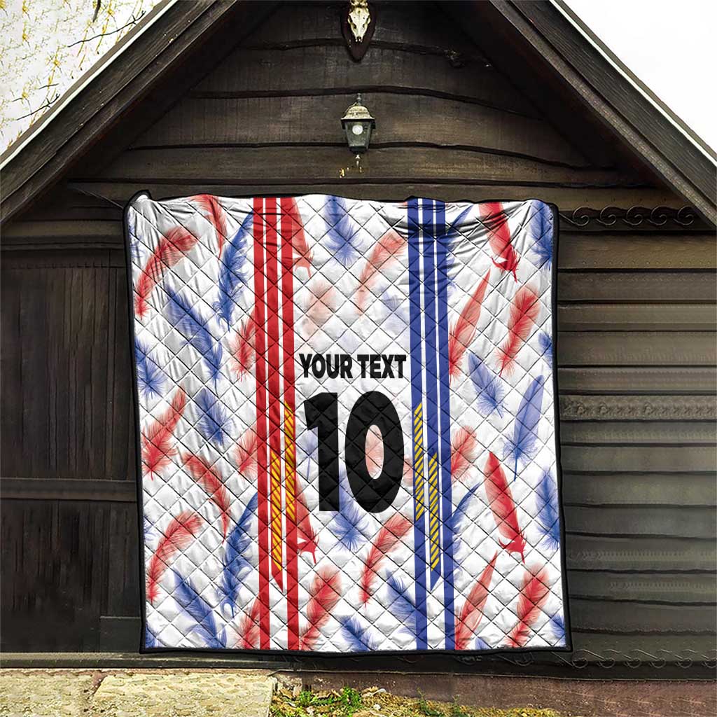White quilt blanket with red-blue leaf pattern, “YOUR TEXT”, and bold number 10