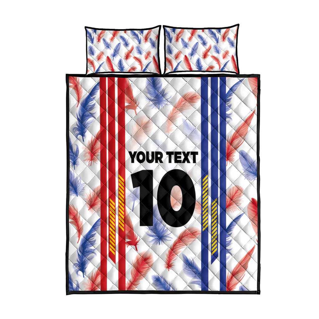 Quilt bed set with pillowcases, white feather pattern, bold red and blue stripes, 'YOUR TEXT 10'