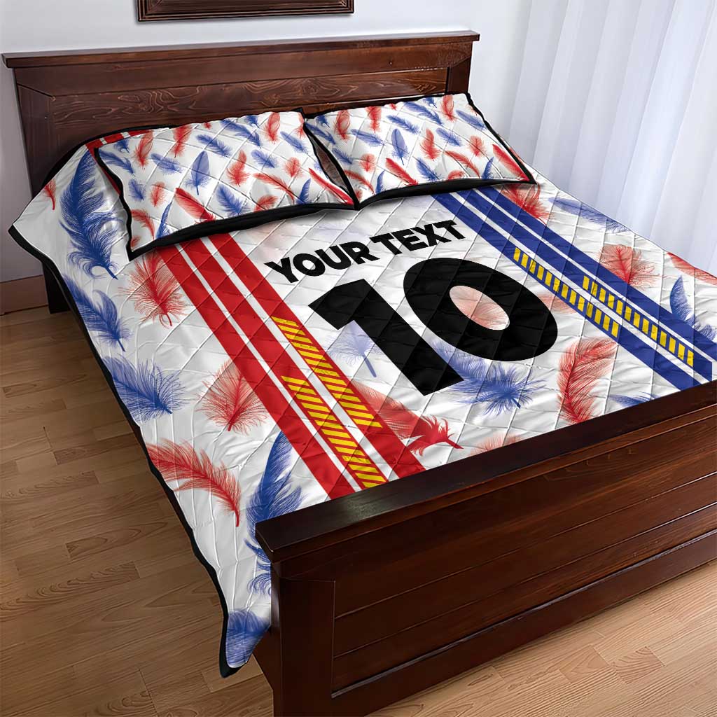 Quilt bed set with pillowcases, white quilt with red and blue feathers, 'YOUR TEXT 10' print