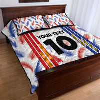 Quilt bed set with pillowcases, white quilt with red and blue feathers, 'YOUR TEXT 10' print