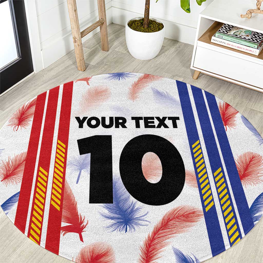 Round sports jersey graphic rug with “YOUR TEXT” and big “10” on red, blue stripes