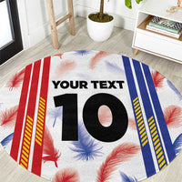 Round sports jersey graphic rug with “YOUR TEXT” and big “10” on red, blue stripes