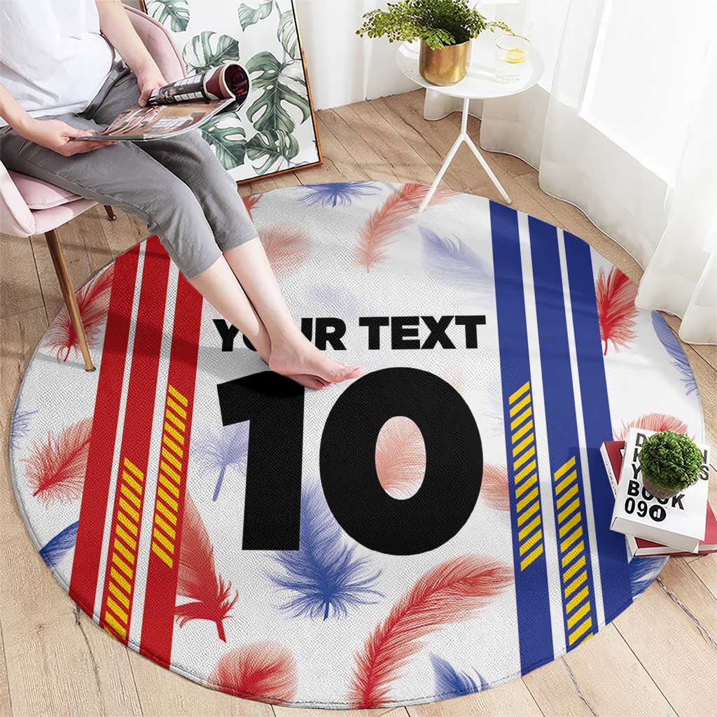 Round sports jersey graphic rug with “YOUR TEXT” and big “10” in red and blue stripes
