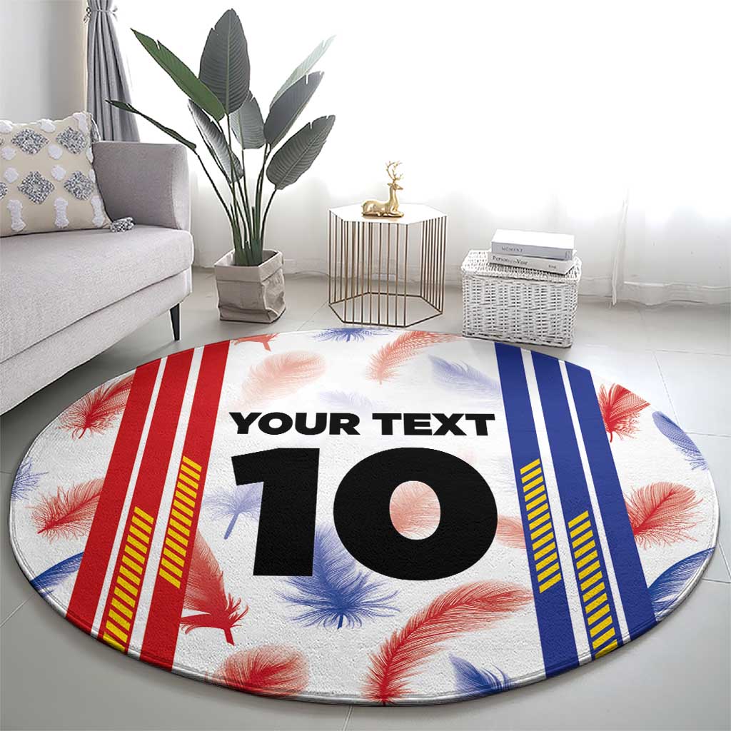 Round sports jersey graphic rug with red, blue, white stripes and large “10”