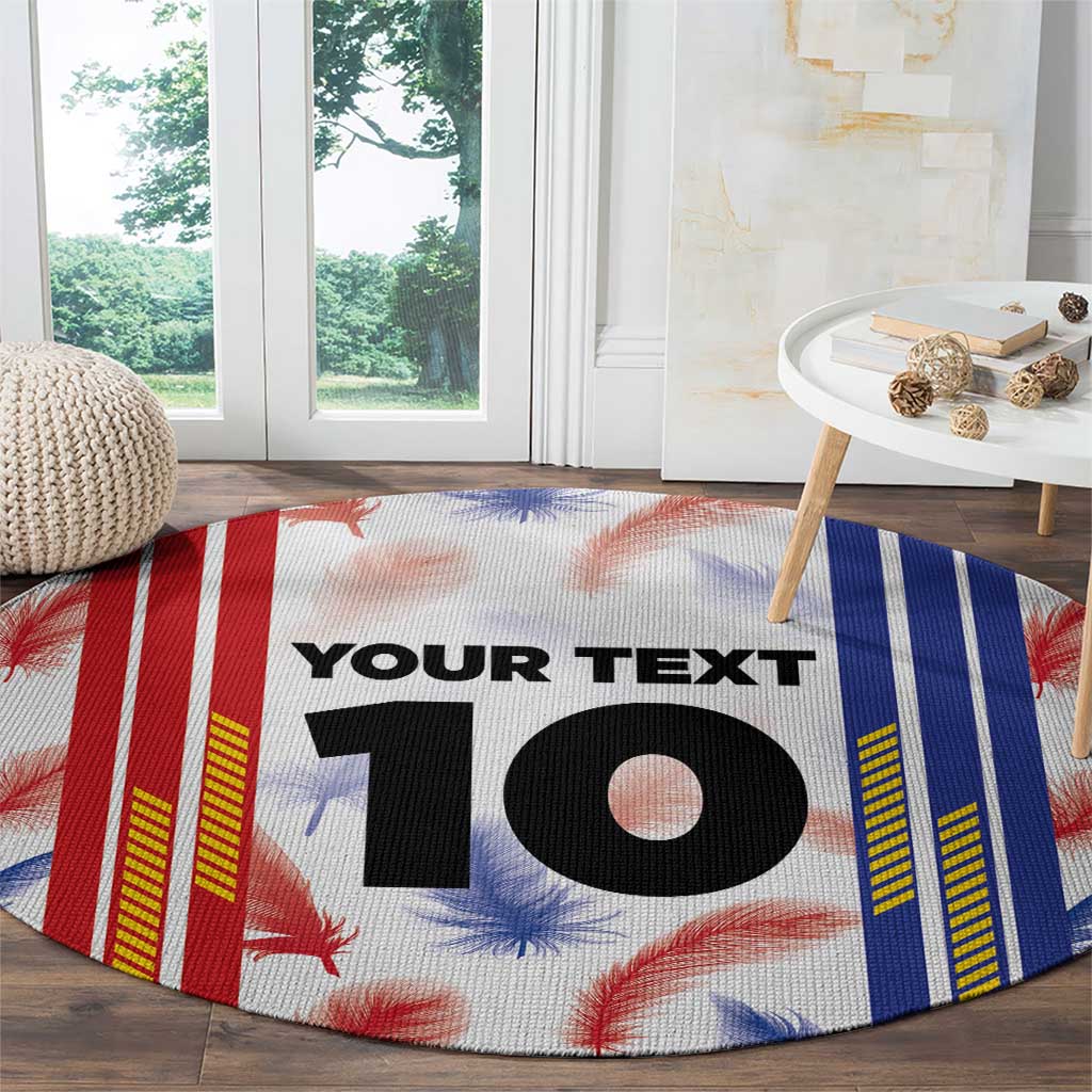 Round sports jersey graphic rug with “YOUR TEXT” and large “10” on feather and stripe design