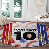 Round sports jersey graphic rug with “YOUR TEXT” and large “10” on feather and stripe design