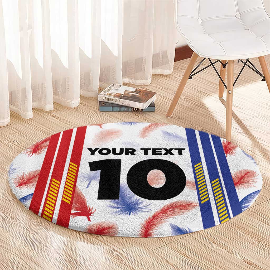 Round sports jersey graphic rug with “YOUR TEXT” and big “10” on red, blue, white background
