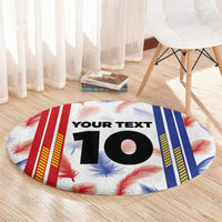 Round sports jersey graphic rug with “YOUR TEXT” and big “10” on red, blue, white background