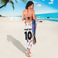 White sarong with feather print and vertical striped panel showing “YOUR TEXT 10”