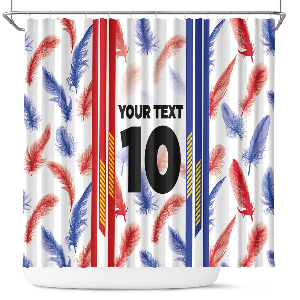 White shower curtain with feather motifs, red/blue stripe bars, and centered 'YOUR TEXT 10'.