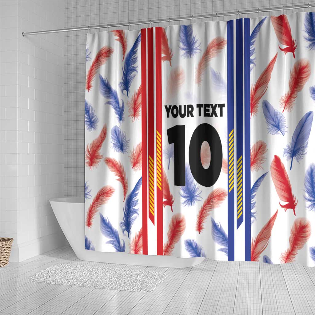 White shower curtain with red and blue feather pattern, bold vertical stripes, and 'YOUR TEXT 10'.