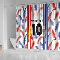 White shower curtain with red and blue feather pattern, bold vertical stripes, and 'YOUR TEXT 10'.