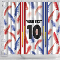White shower curtain with hanging hooks, feather print, vertical stripes, and 'YOUR TEXT 10'.