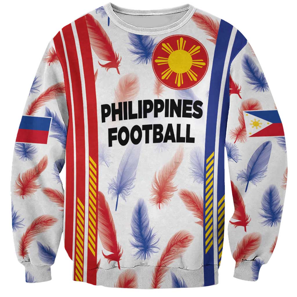 Philippines football sweatshirt with front crest, text, and red-blue feather pattern