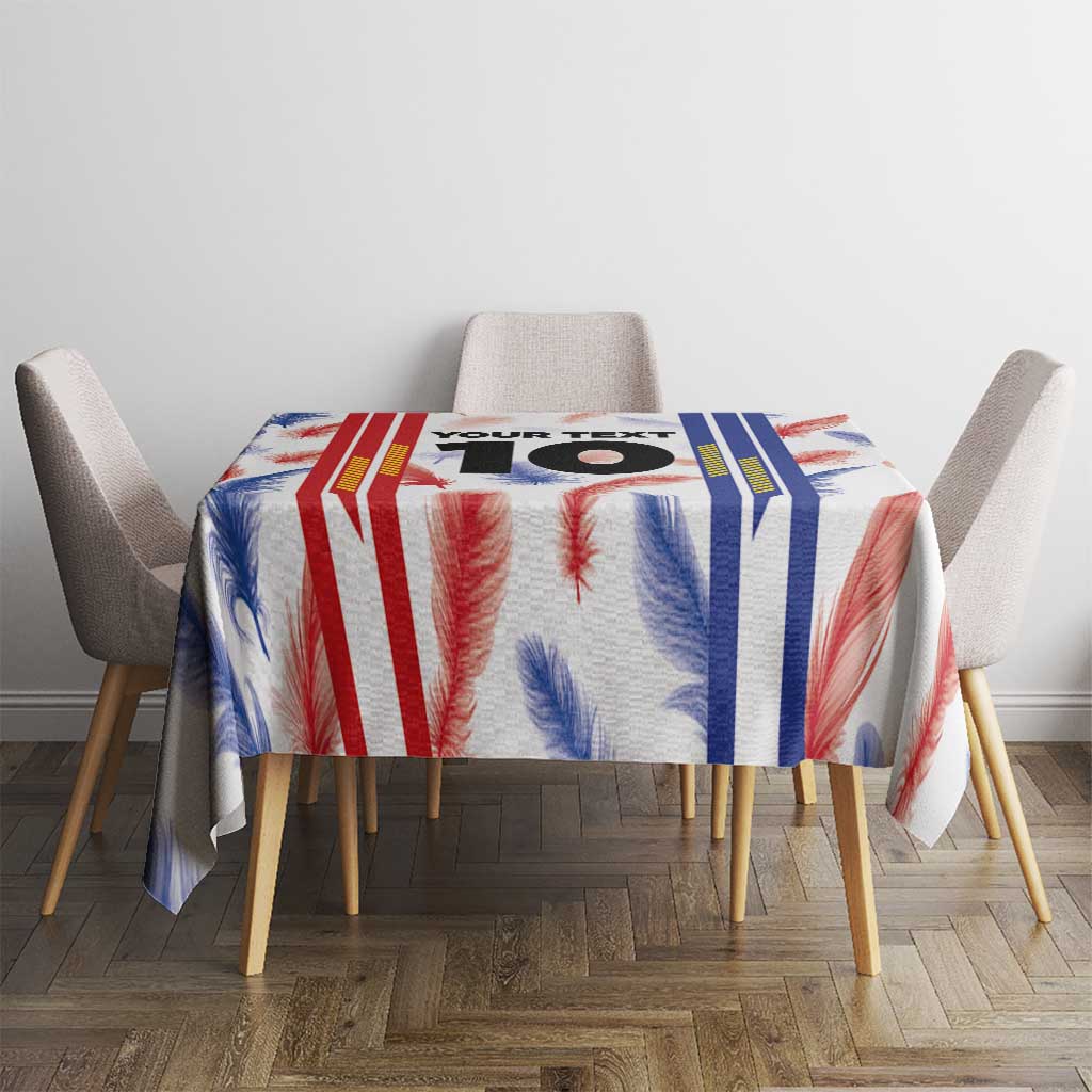 Custom football jersey tablecloth with multicolor feather print and bold vertical stripes.