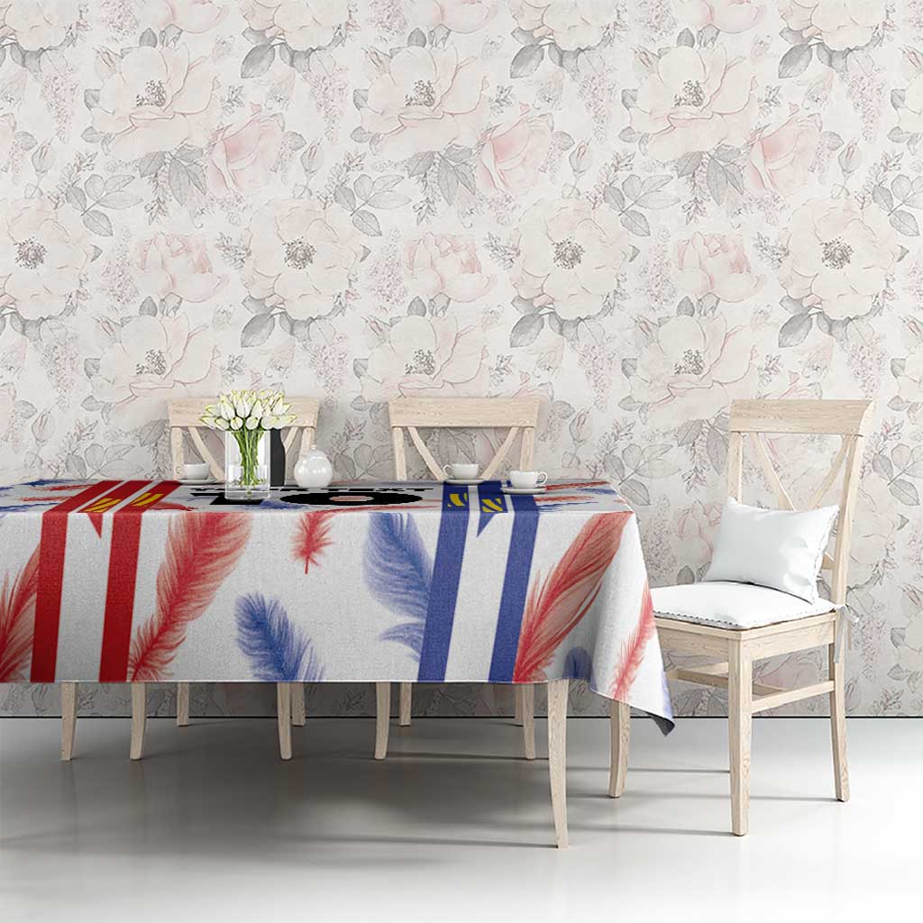 Custom football jersey tablecloth with feather pattern and red, white, and blue stripe design.