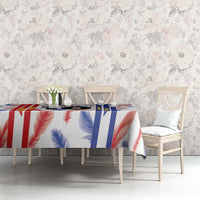 Custom football jersey tablecloth with feather pattern and red, white, and blue stripe design.