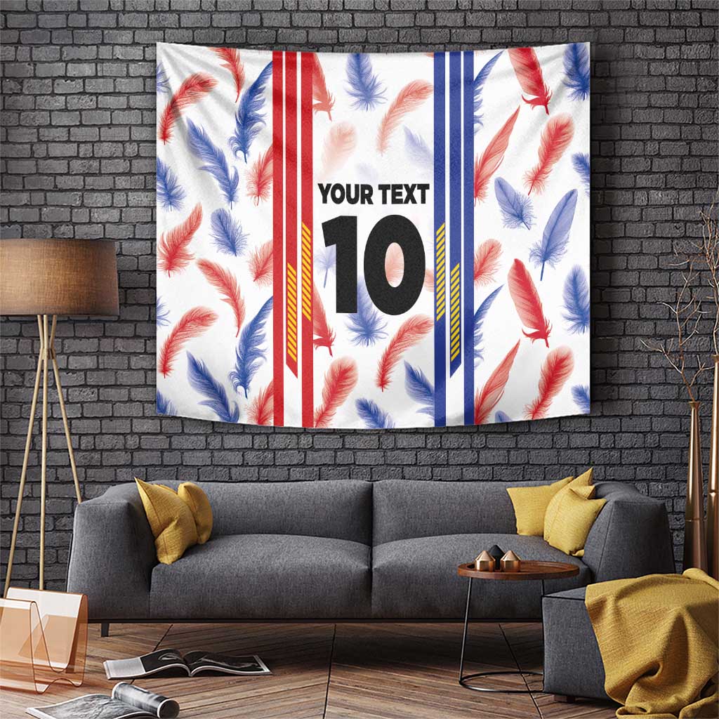 White feather football jersey tapestry with red/blue stripes, 'YOUR TEXT 10'