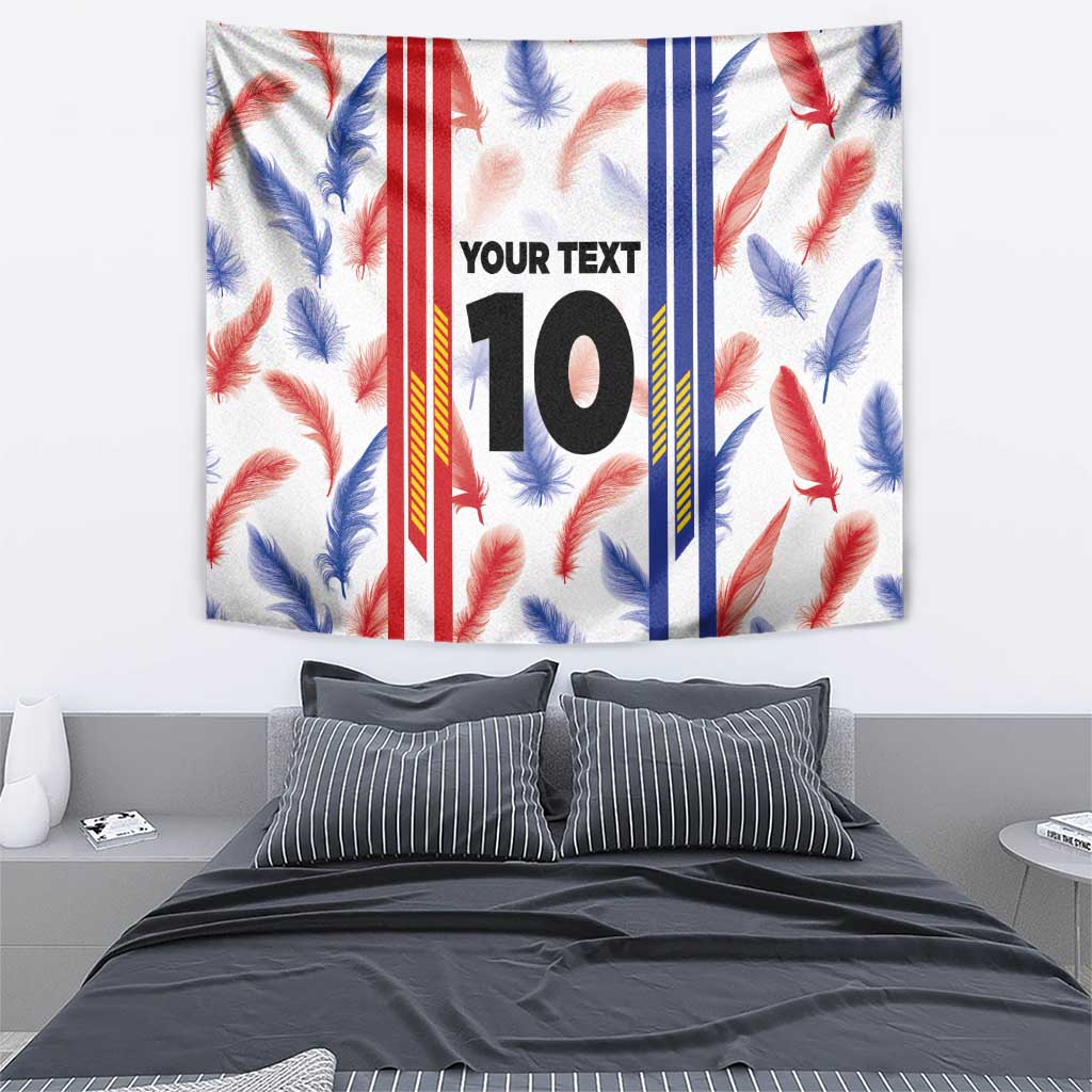White feather football jersey tapestry with red/blue stripe panels and 'YOUR TEXT 10'