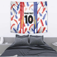 White feather football jersey tapestry with red/blue stripe panels and 'YOUR TEXT 10'