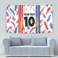 White feather football jersey tapestry with red/blue vertical stripes and 'YOUR TEXT 10'