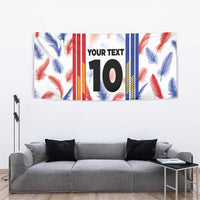 White feather football jersey tapestry hanging on wall with 'YOUR TEXT 10' in center