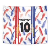 Close-up white feather football jersey tapestry with red/blue stripes and 'YOUR TEXT 10'