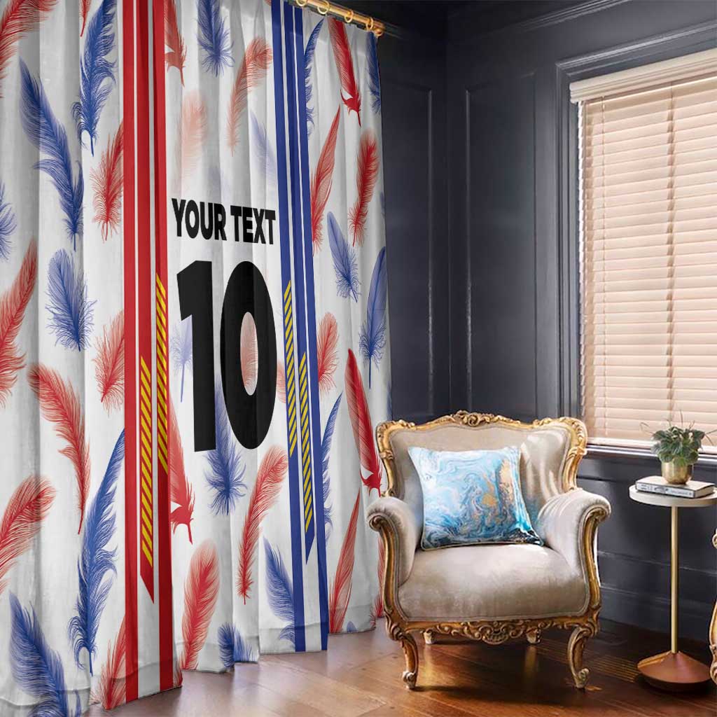 Window curtain panels with feather pattern, red/blue stripes, and large black “10”
