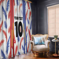 Window curtain panels with feather pattern, red/blue stripes, and large black “10”