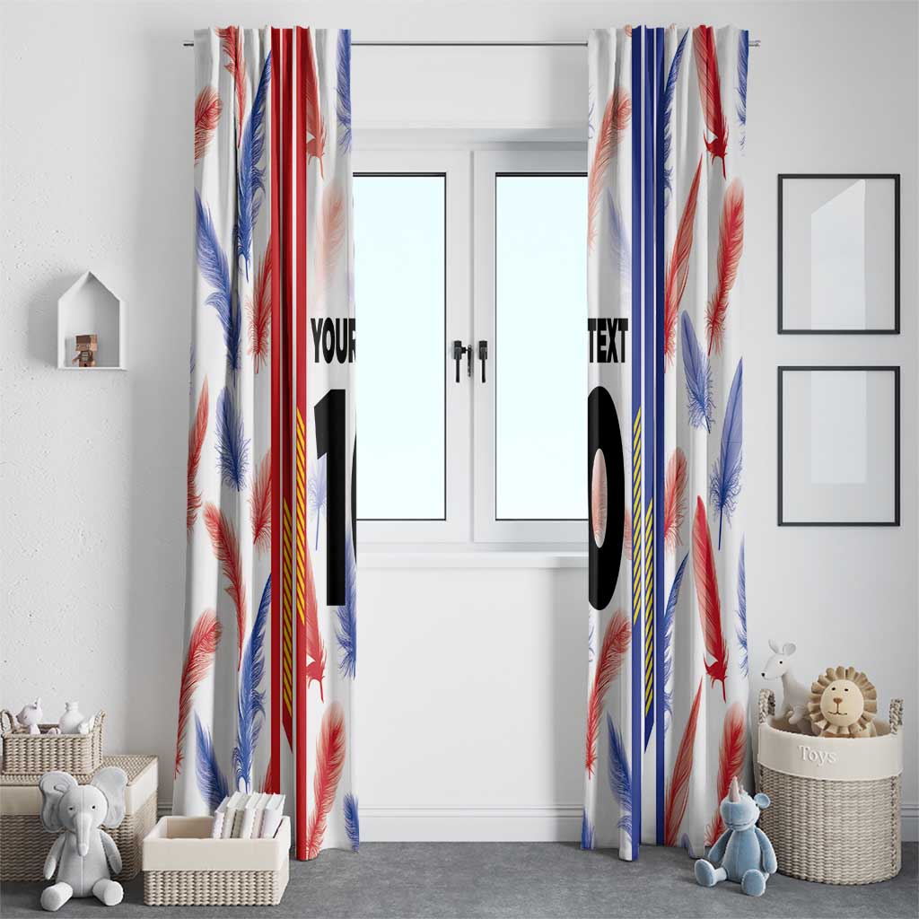 Window curtain panels with feather print and bold black “10” featuring custom text