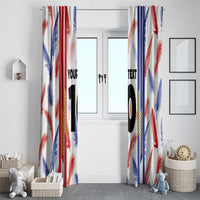 Window curtain panels with feather print and bold black “10” featuring custom text
