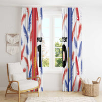 Window curtain panels with feather design, red/blue stripes, and large black “10”