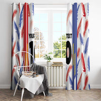 Window curtain panels with feather print, red/blue stripes, and large black “10”