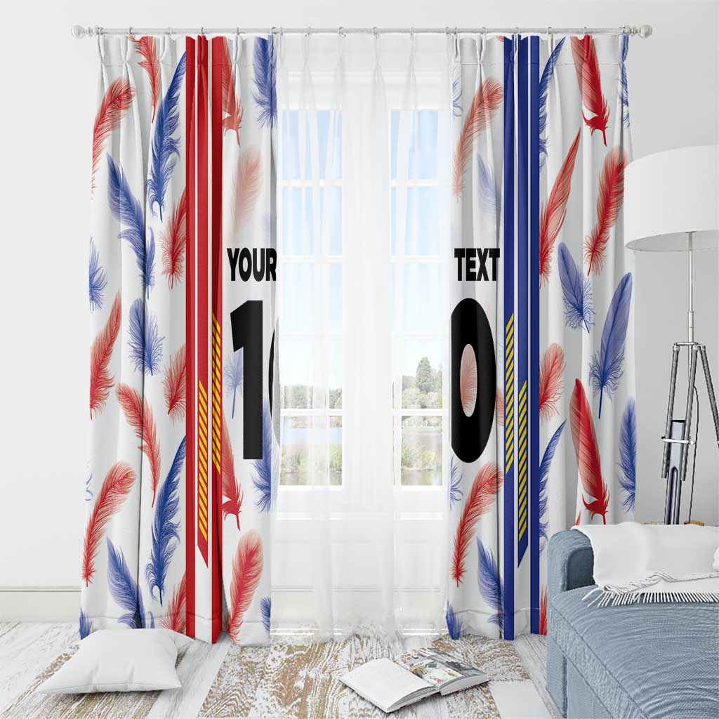 Pair of window curtain panels with feather design and large black “10” on white