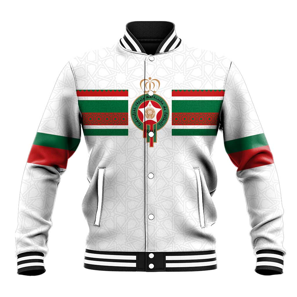 White Morocco football baseball jacket with zipper, striped cuffs and crest front graphic