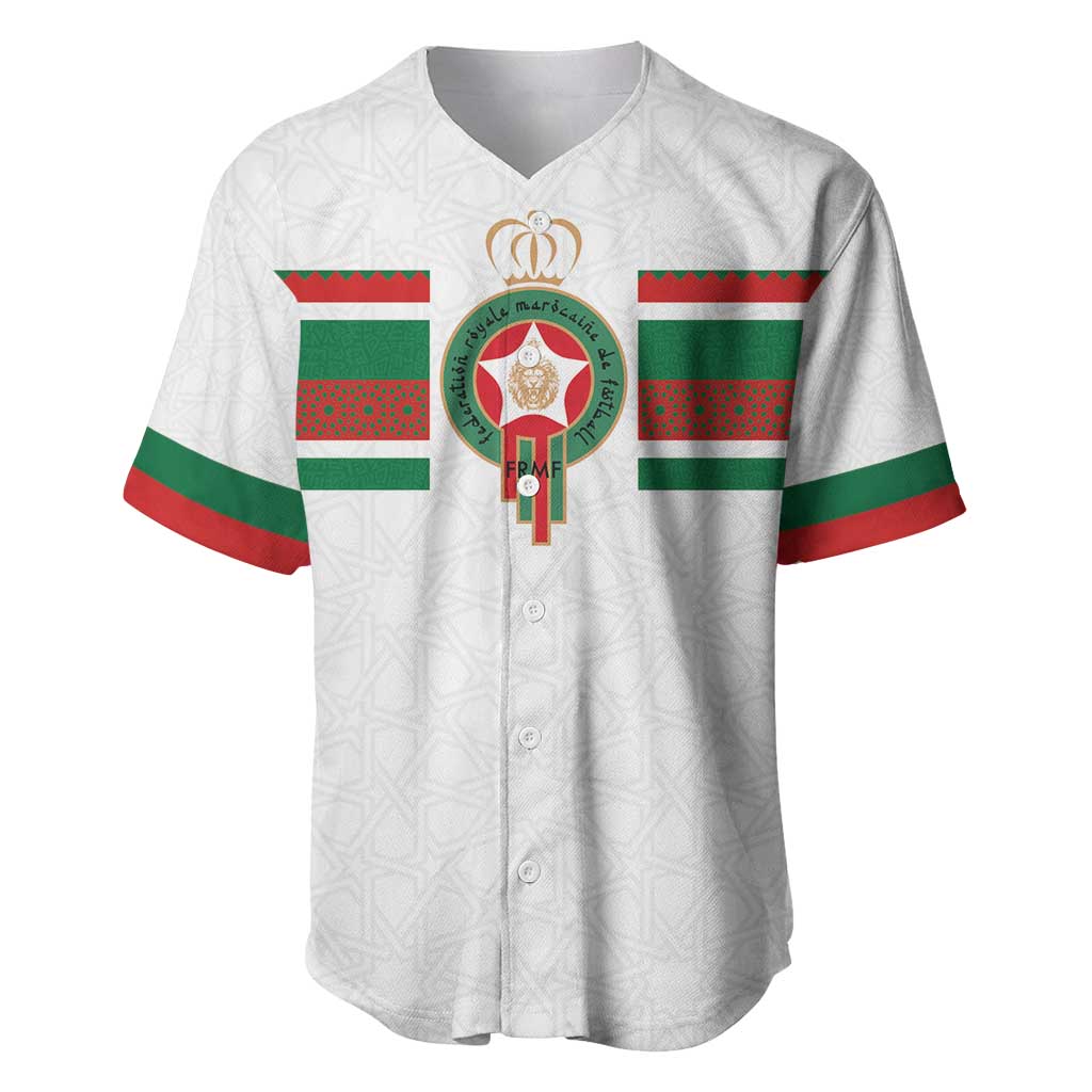 White football baseball jersey with Morocco flag stripes and central crest, V-neck