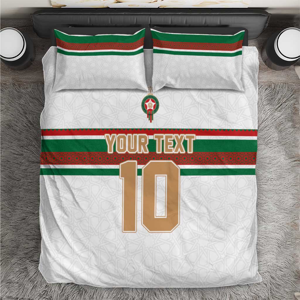 White bedding set with green and red stripes, “YOUR TEXT”, and large 10 graphic; pillow set