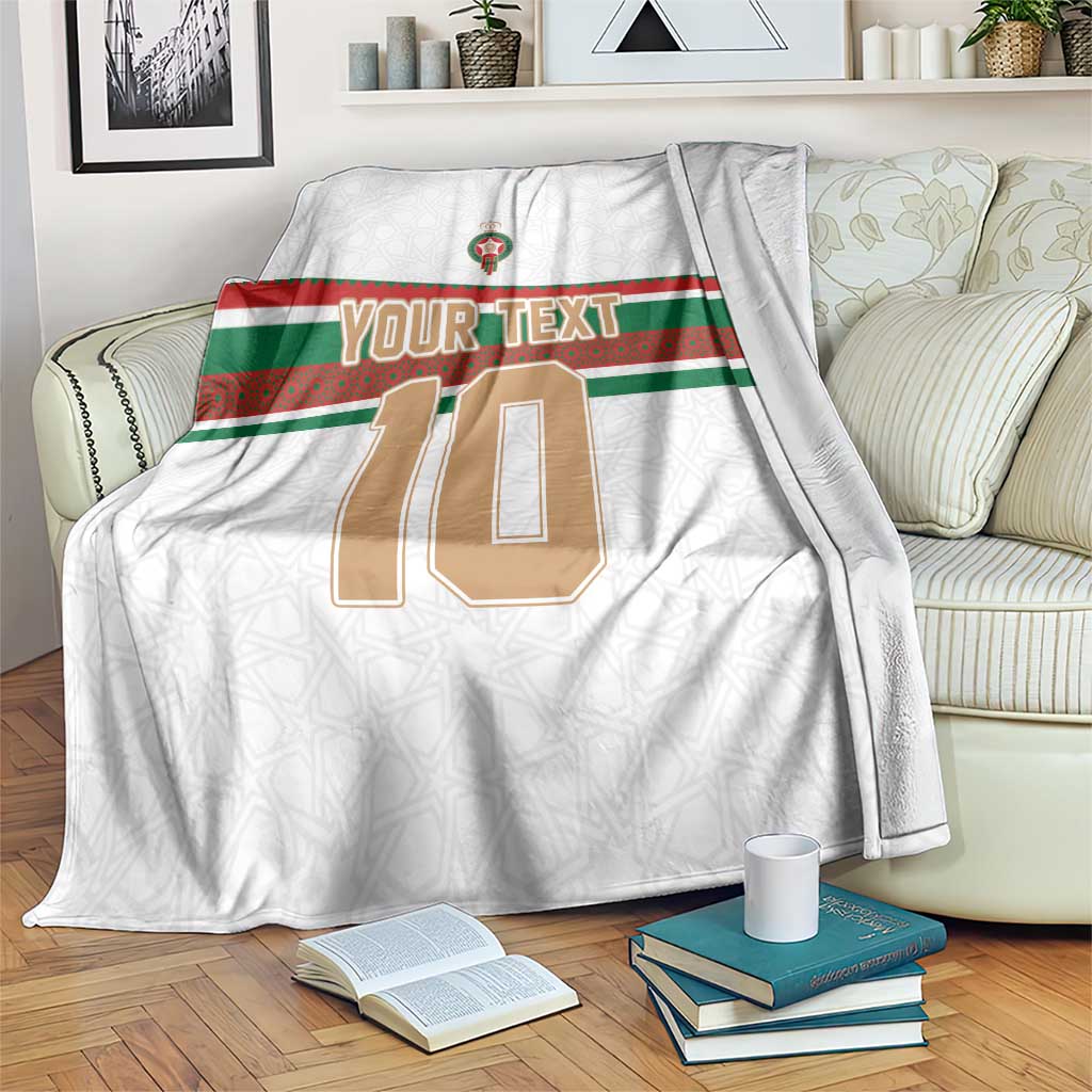 White custom football blanket with red-green stripe, crest, and large 10 plus YOUR TEXT