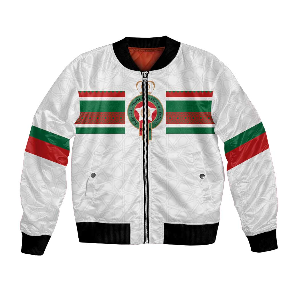 White bomber jacket with black rib knit collar, full zip, Morocco flag emblem on front.