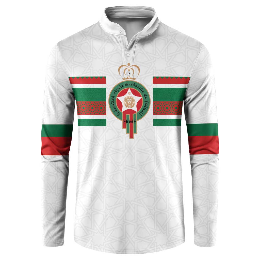 White quarter-zip sweatshirt with Morocco flag sleeves and central crest graphic