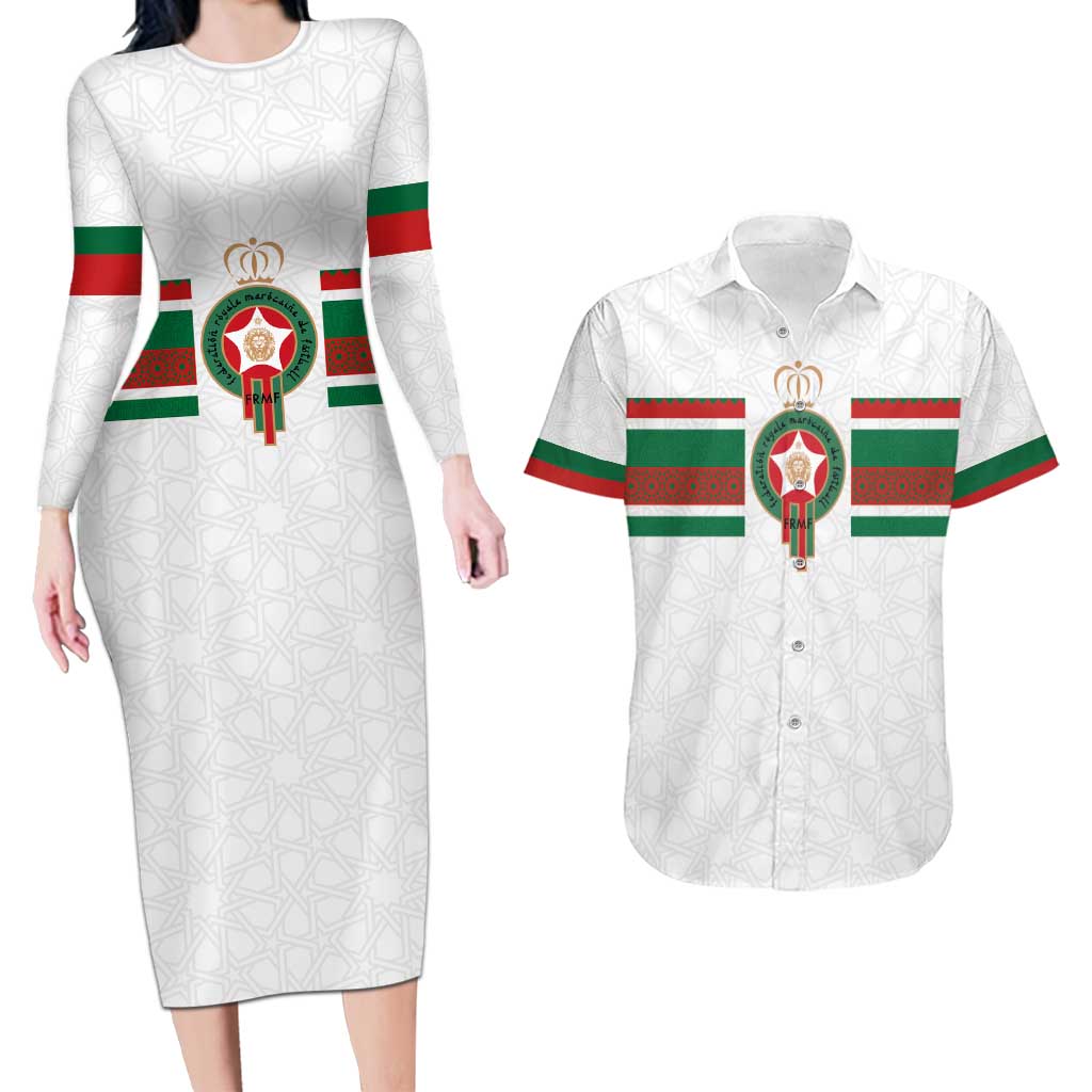 Custom Morocco Football Couples Matching Long Sleeve Bodycon Dress and Hawaiian Shirt The Roar of Atlas Lions