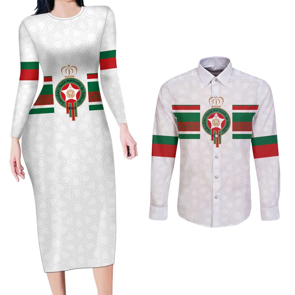 Custom Morocco Football Couples Matching Long Sleeve Bodycon Dress and Long Sleeve Button Shirt The Roar of Atlas Lions