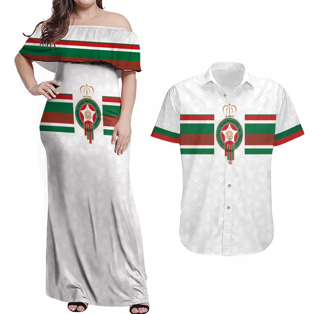 Custom Morocco Football Couples Matching Off Shoulder Maxi Dress and Hawaiian Shirt The Roar of Atlas Lions