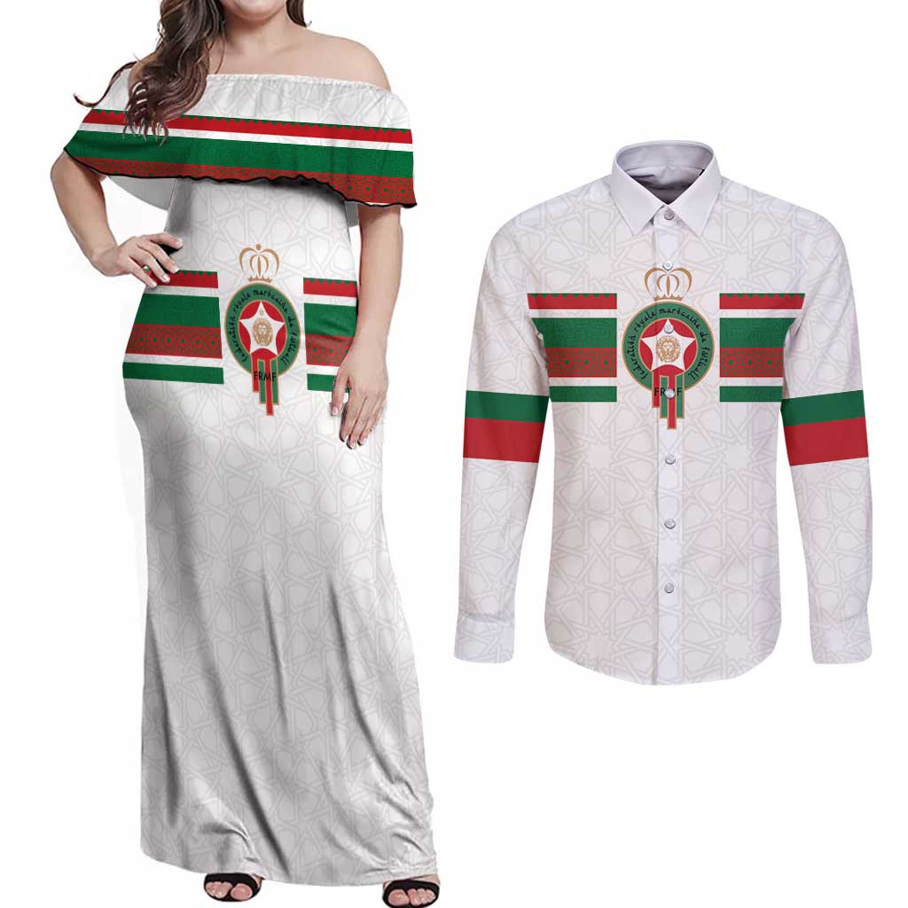 Custom Morocco Football Couples Matching Off Shoulder Maxi Dress and Long Sleeve Button Shirt The Roar of Atlas Lions