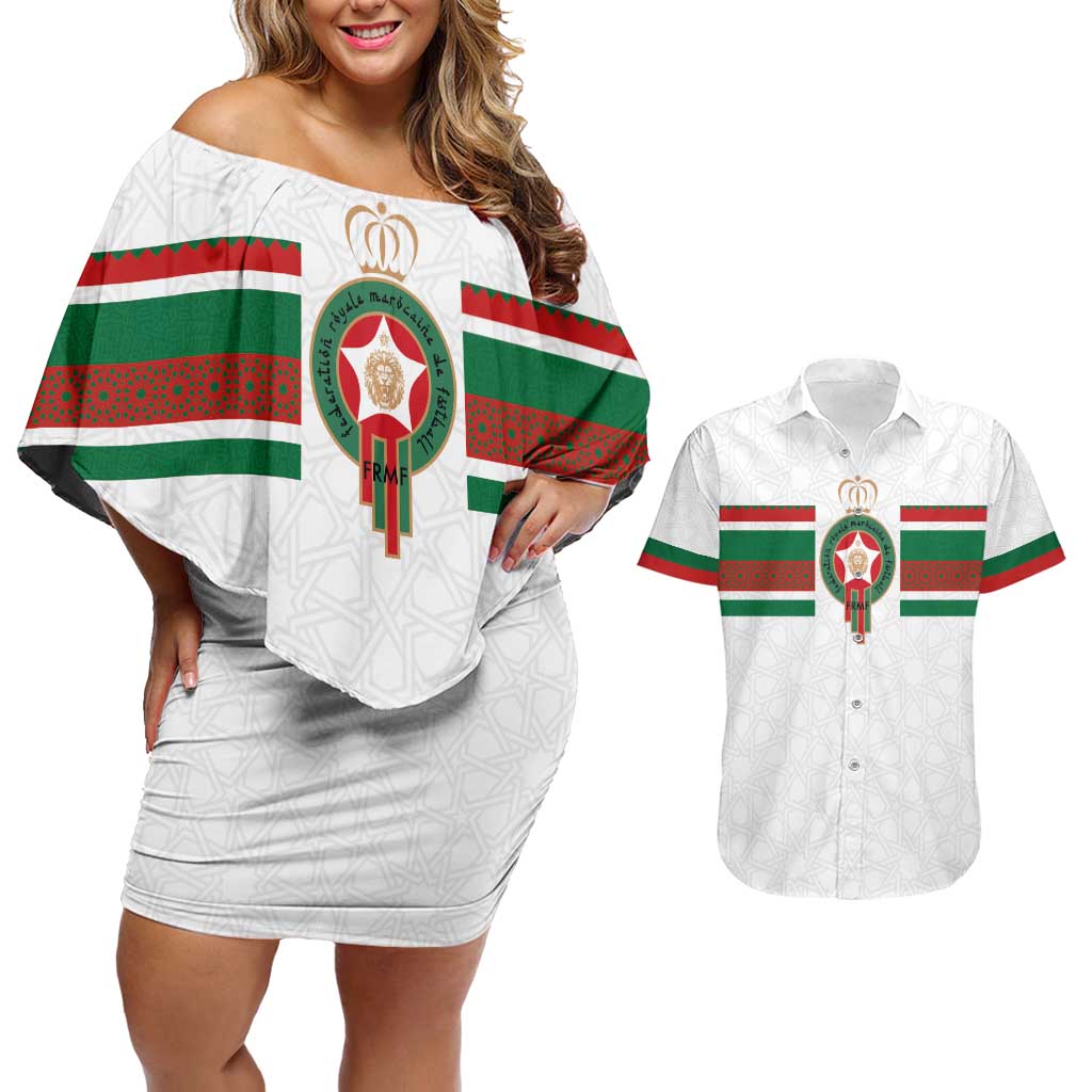 Custom Morocco Football Couples Matching Off Shoulder Short Dress and Hawaiian Shirt The Roar of Atlas Lions