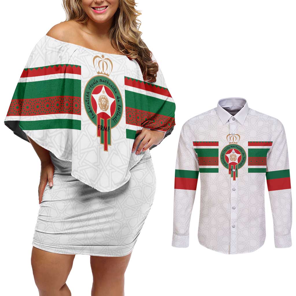 Custom Morocco Football Couples Matching Off Shoulder Short Dress and Long Sleeve Button Shirt The Roar of Atlas Lions