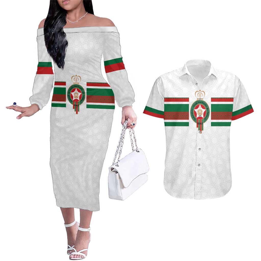 Custom Morocco Football Couples Matching Off The Shoulder Long Sleeve Dress and Hawaiian Shirt The Roar of Atlas Lions