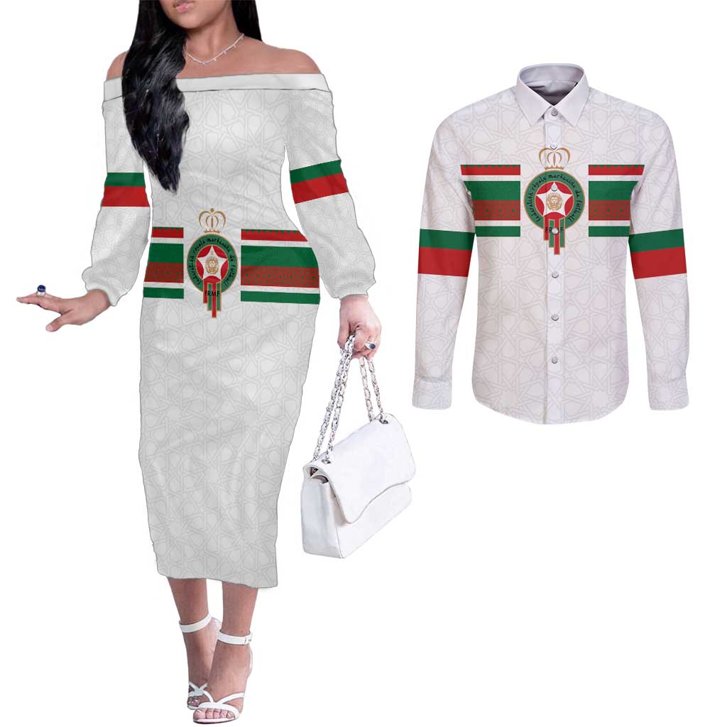 Custom Morocco Football Couples Matching Off The Shoulder Long Sleeve Dress and Long Sleeve Button Shirt The Roar of Atlas Lions