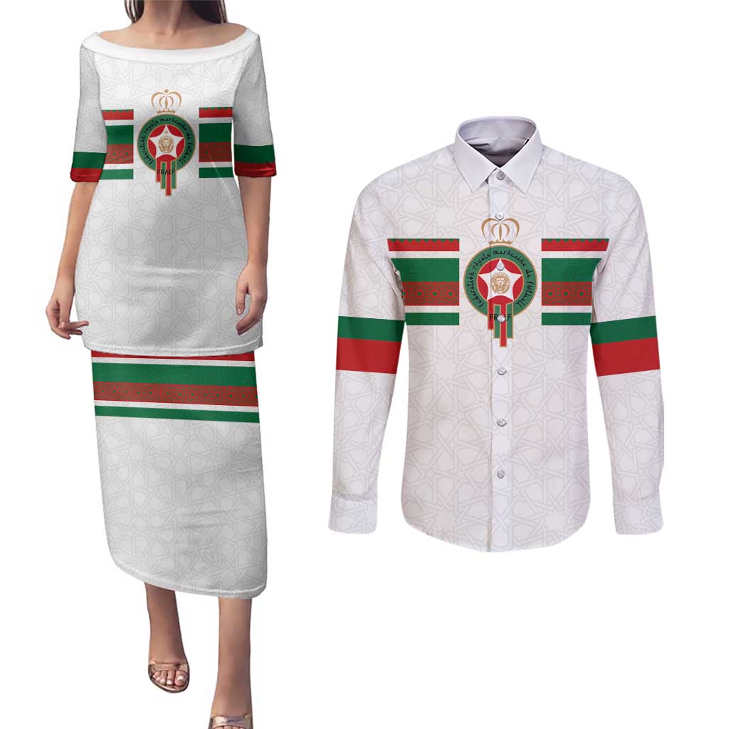 Custom Morocco Football Couples Matching Puletasi and Long Sleeve Button Shirt The Roar of Atlas Lions