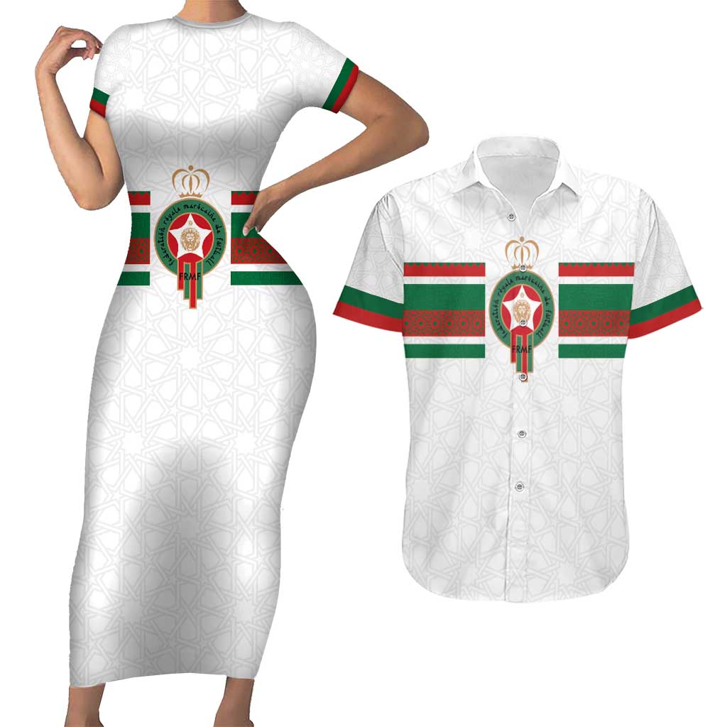 Custom Morocco Football Couples Matching Short Sleeve Bodycon Dress and Hawaiian Shirt The Roar of Atlas Lions